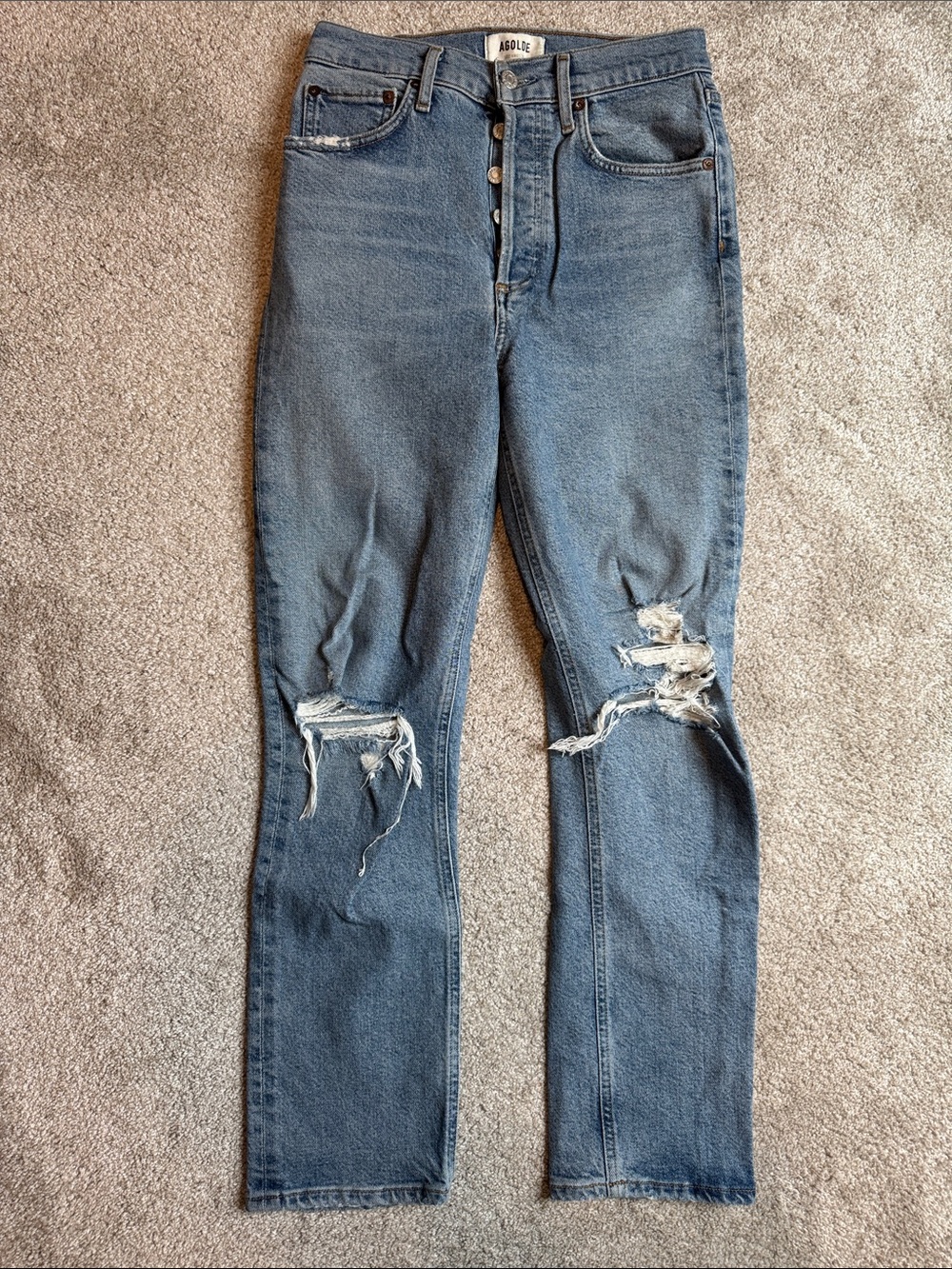 Agolde Riley Medium Blue Distressed Button-Fly Jeans size 25